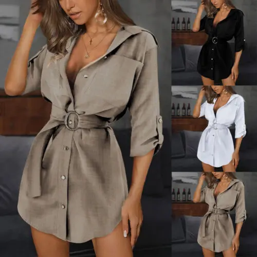 

Womens Waist Tie Shirt Dress Ladies Tunic Dress Casual Long Tops Blouse V Neck