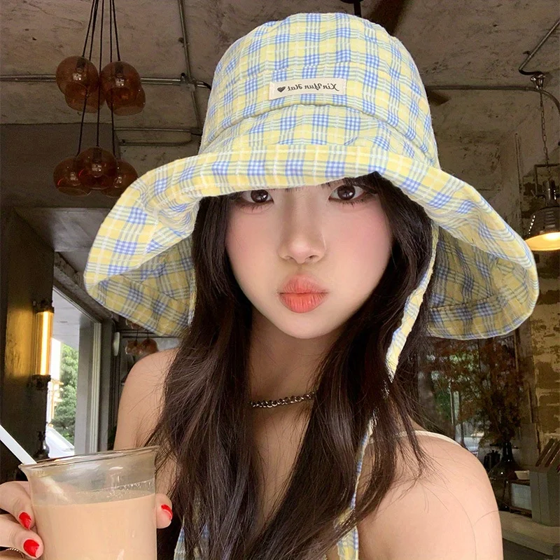 

Yellow Checkered Sunshade Hat for Women in Summer Sweet Cute with A Large Brim Fisherman's Hat Casual Countryside Style Sun Hat