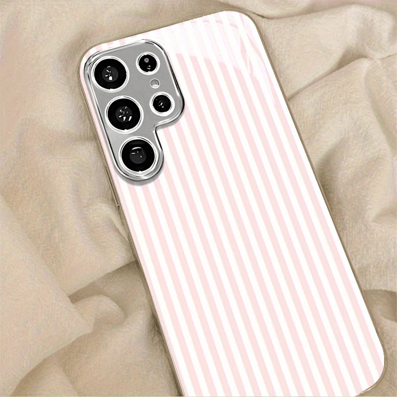 High-end powder-white vertical stripe mirror-coated glass phone case for Samsung Galaxy S26 S25 S24 S23 FE/Ultra/Plus drop Cover
