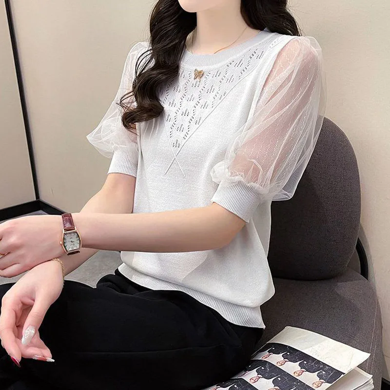 Female Gauze Puff Sleeve Solid Pullovers Elegant Fashion Hollow Out Thin Knitted Tops O-Neck Casual T-shirt Women Summer 2023