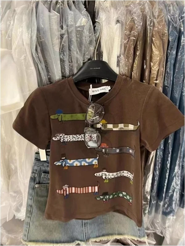 

Outlet American Hot Girl Short Sleeve T-Shirt Cartoon Print Versatile Slimming Women's Korean Style Commute Breathable Spring