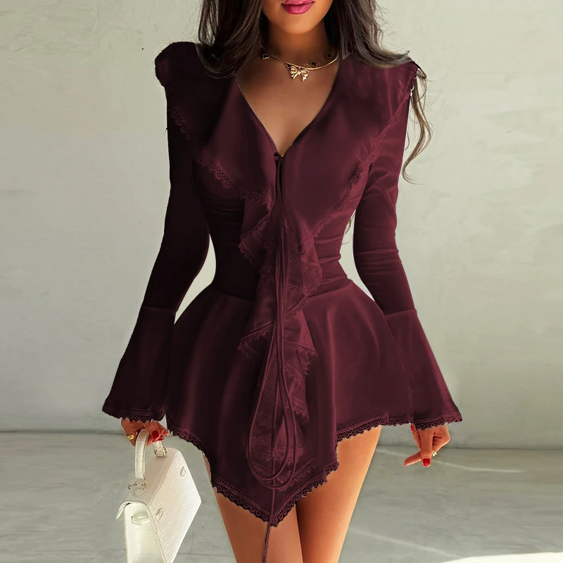 أنيقة الخامس الرقبة Ruch طويلة الأكمام فستان قصير الخريف موضة الراحة عالية الخصر المرقعة سليم Vestidos تاريخ عطلة فستان المرأة