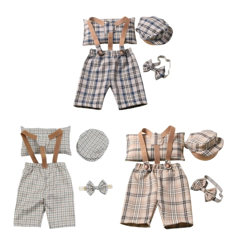 

L5YF Newborn Costume Photography Clothes Plaids Uniform Hat Suspender Pants Photo Props Photo Posing Pillow