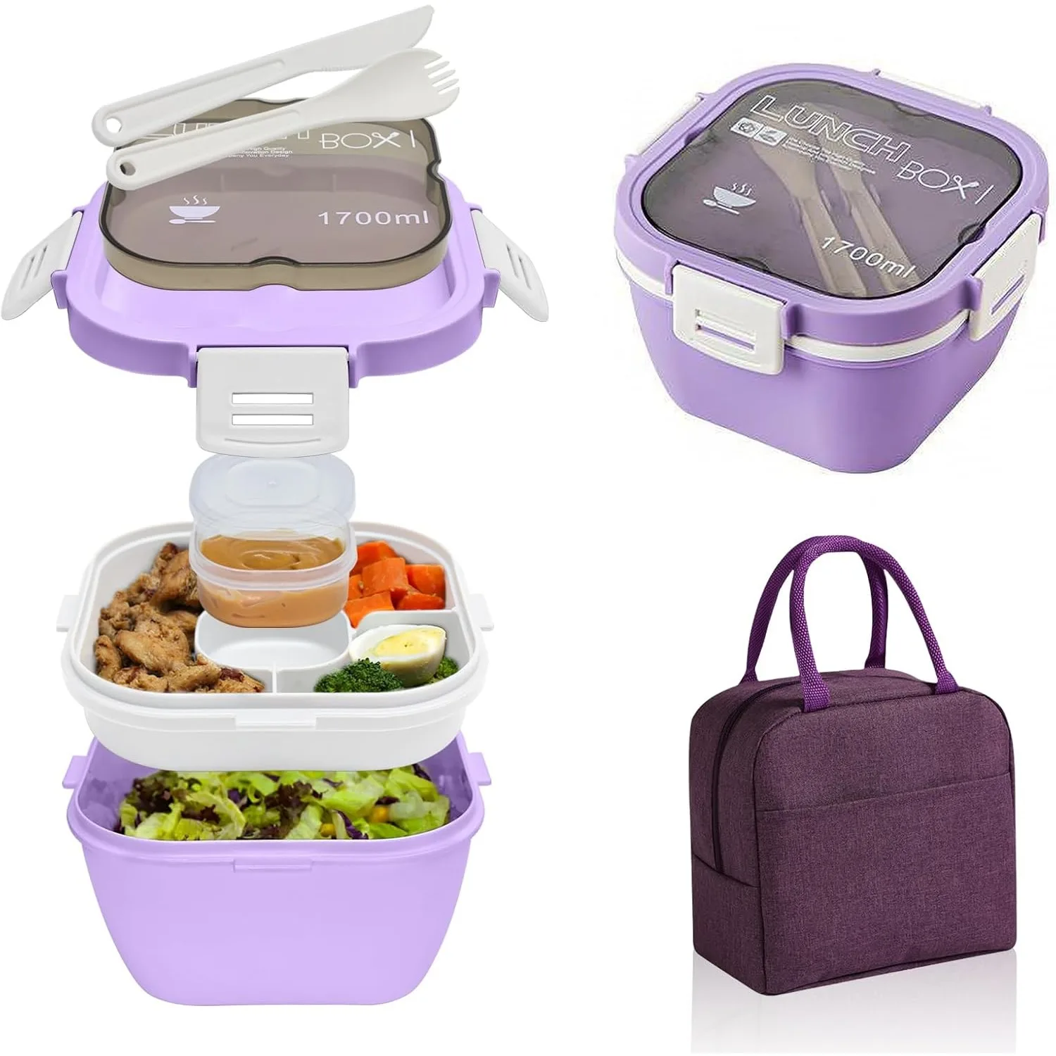 Salad Lunch Containers for Adults with Portable Bag,60oz/1.7L Large Plastic Salad Bowls, 4-Compartment Tray & a Sauce Cup