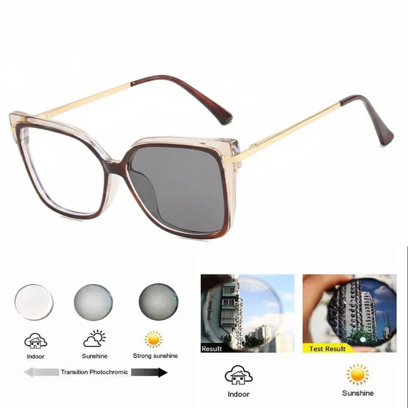 KSVEREN Large Frame Photochromic Myopia Glasses Women Retro Prescription Nearsighted Eyewear -0.5 -1.5 -2.0 -2.25 -4.5 To -6.0