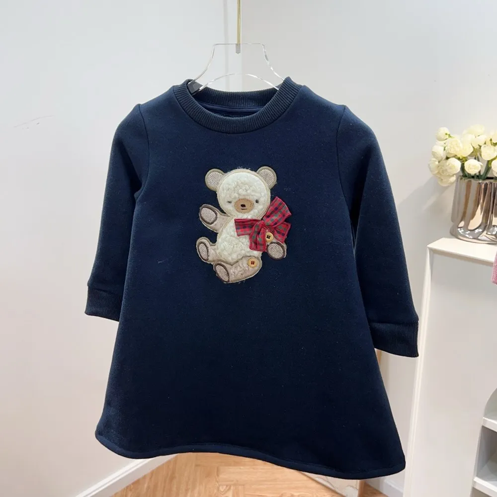 fall winter baby girls clothes kids dress Cartoon teddy bear pattern girls\' long sleeved dress Velvet warm dress