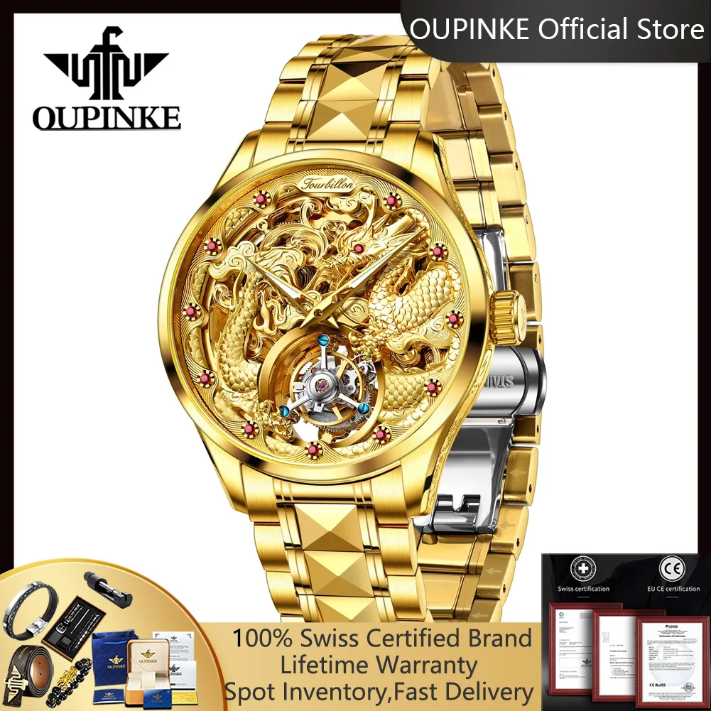 

OUPINKE 3176 Tourbillon Watch for Men Luxury Original Skeleton Flywheel Gold Dragon Watch Automatic Mechanical Men's Wristwatch