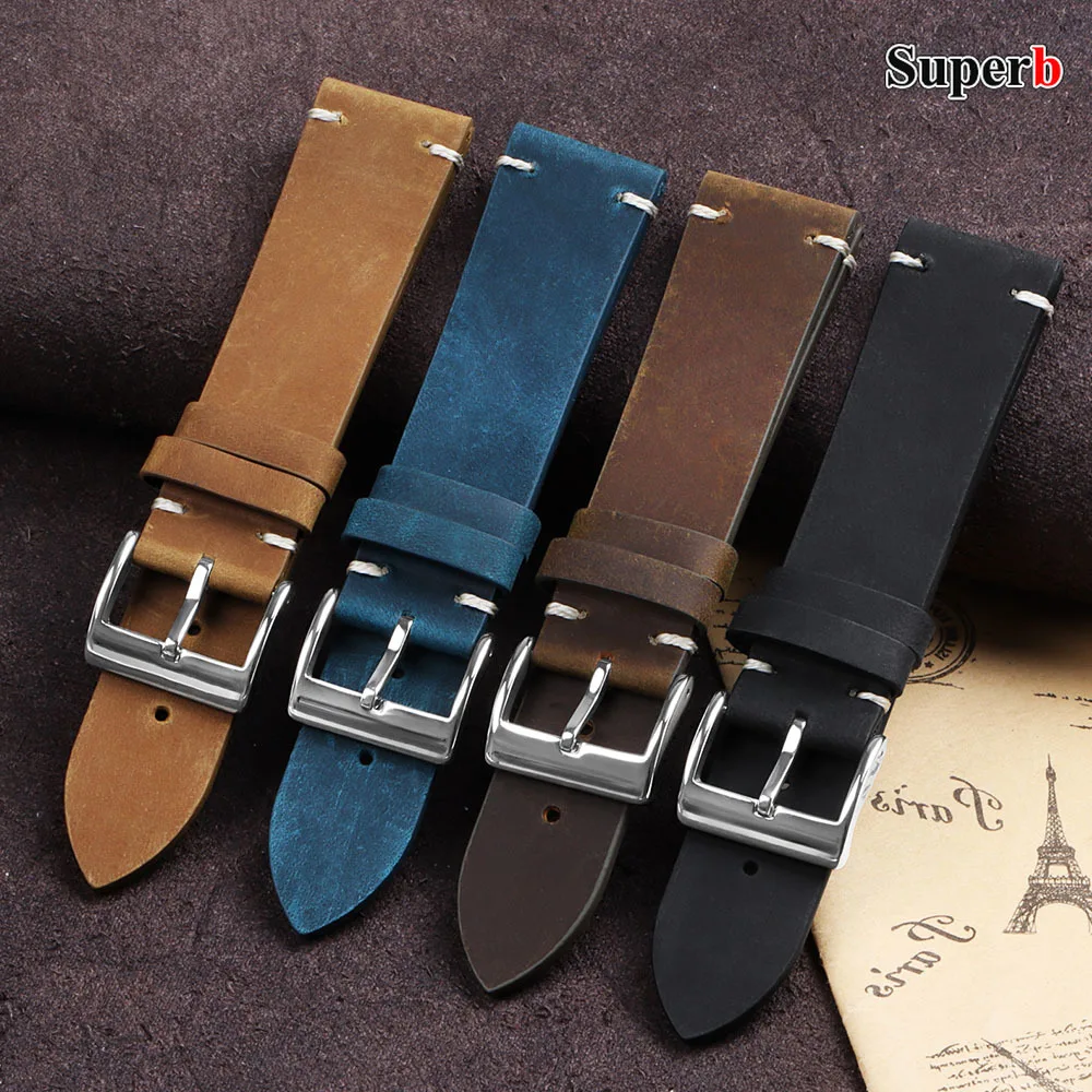 

18mm 20mm 21mm 22mm Vintage Oil Wax Leather Watch Band Handmade Stitching Cowhide Strap for Omega for Seiko Smartwatch Wristband