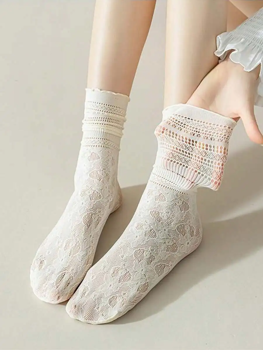 Women Lace Frill Trim Thin Summer Mesh Hollow Out Mid-Calf Socks White Breathable Versatile
