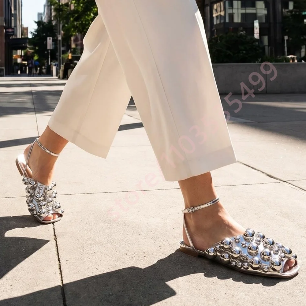 2026 New Metallic Beaded Flat Sandals for Women Gold/silver Open Toe Ankle Strap Buckle Summer Party Beach Dress Sandals