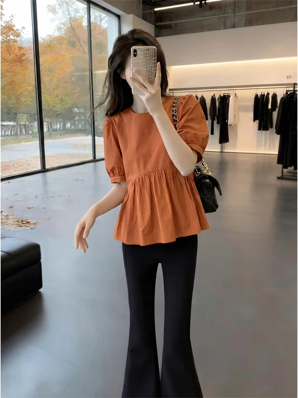 

Fashionable round Neck Bubble Sleeve Short Sleeve Shirt Women's Versatile Summer Top Trendy Design Casual Loose Fit Shirt