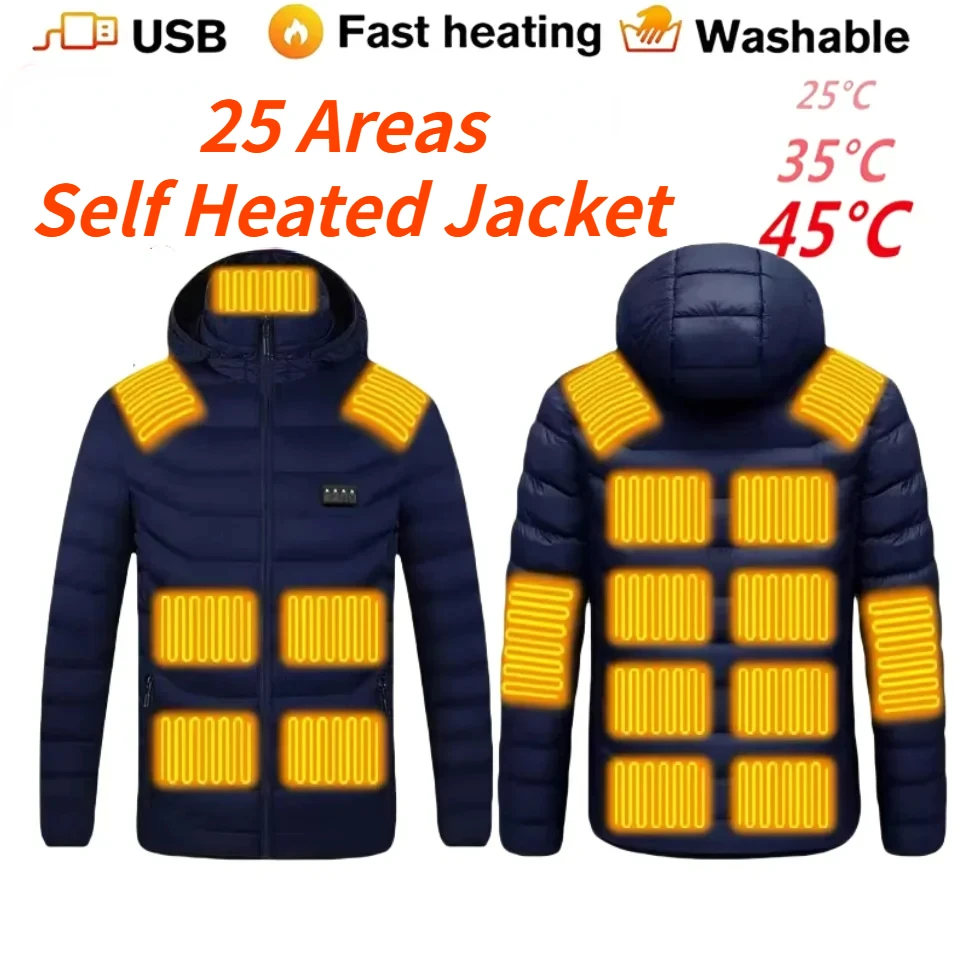 

25 Areas Self Heated Jacket Men's Winter Smart Electric Parka USB Warm Clothes Outdoor Cold-proof Hooded Padded Coat Ski Clothes