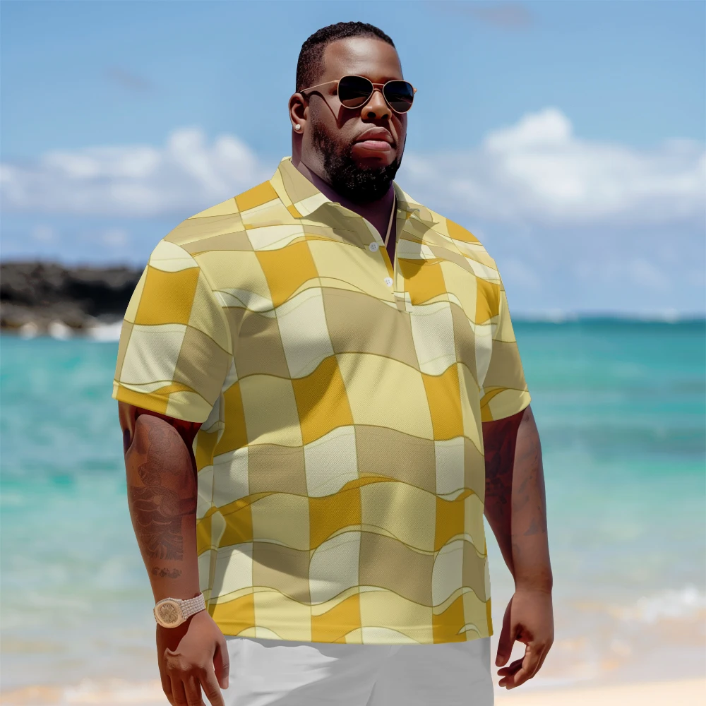 

1 men's plus size polo shirt with summer lemon yellow checkered print casual lapel button suitable for shopping and golf