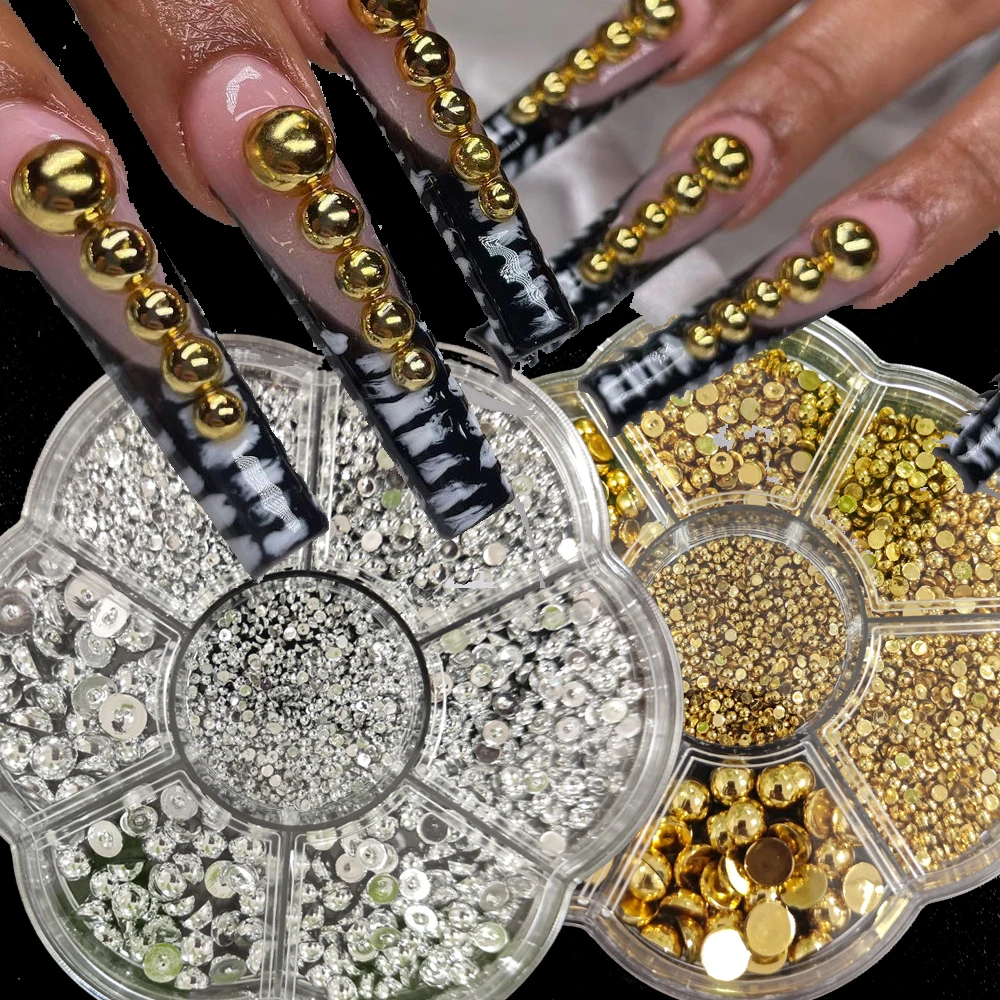 6/7Grids 3D Golden&Silvery Metal Bead Nail Charms Mixed-Size 1/1.5/2/3/4mm Round Bead Nail Art Decor Flat Bottom Bead Nail Parts