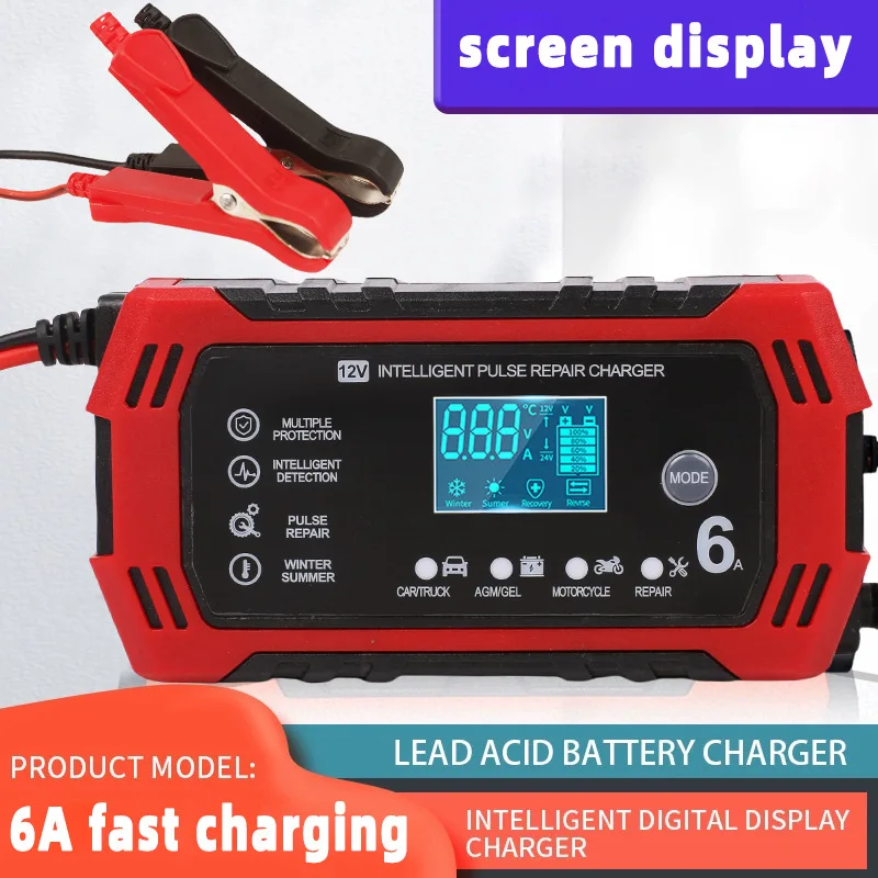 

12V Car Battery Charger 6A Large Screen Pluse Repair Charger for Auto Moto SUV Lithium AGM Lead Acid GEL LCD Display