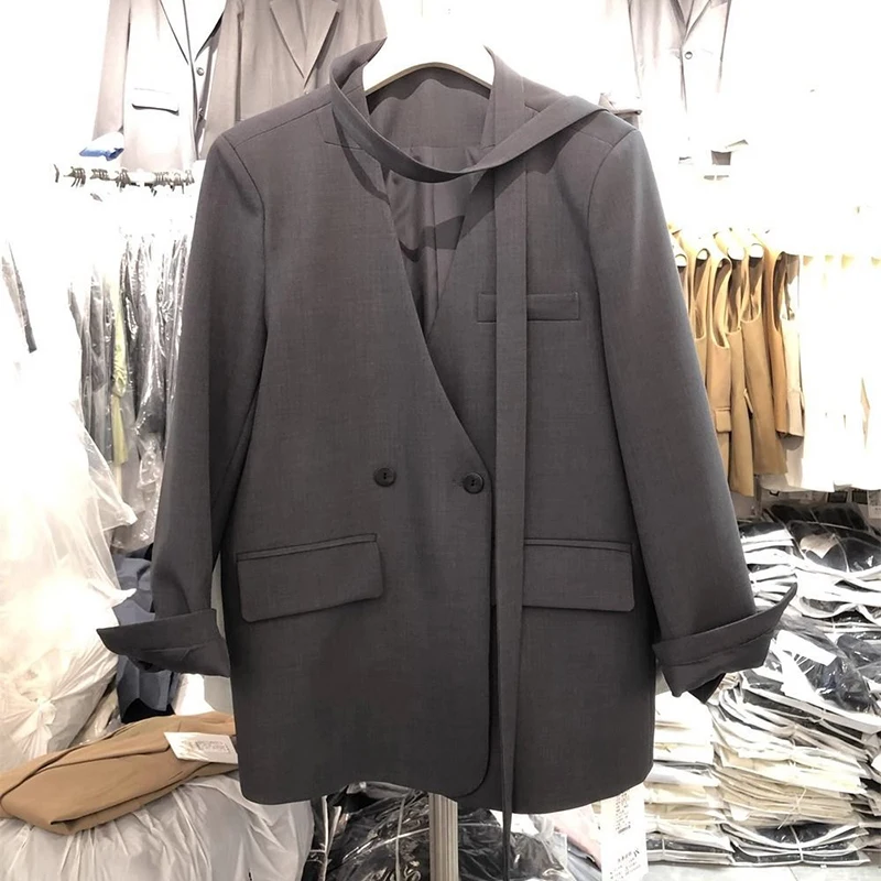 Koreańska czarna marynarka damska z długim rękawem, wiosenno-jesienna, wiązana, modna, luźna, codzienna, do pracy, elegancka odzież wierzchnia premium.