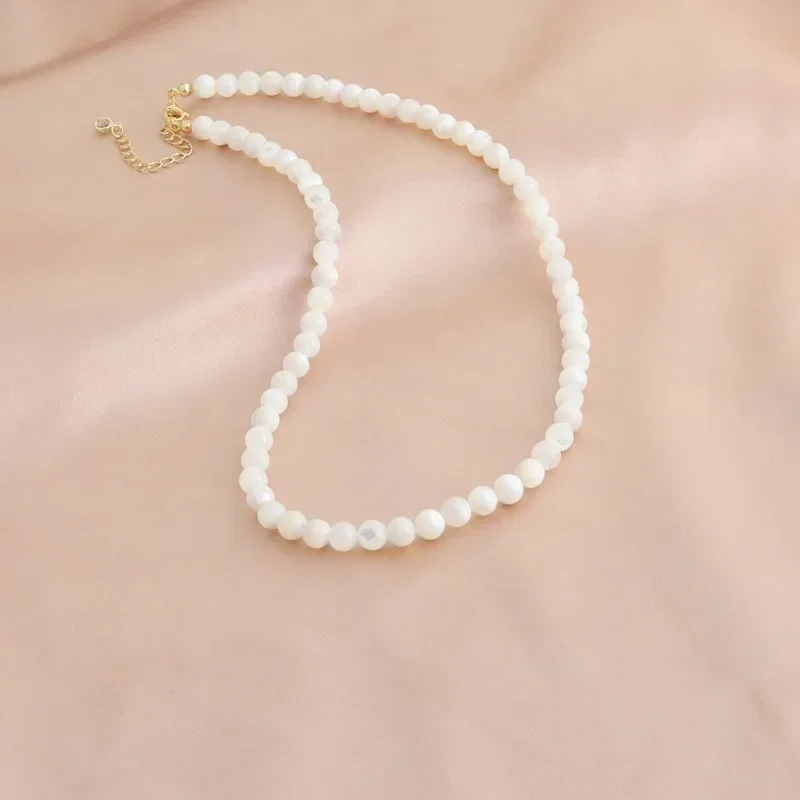 Minar Elegant 4 6 8mm Clear White Color Round Natural Shell Beaded Necklace for Women Silver Plated Chain Beads Strand Chokers