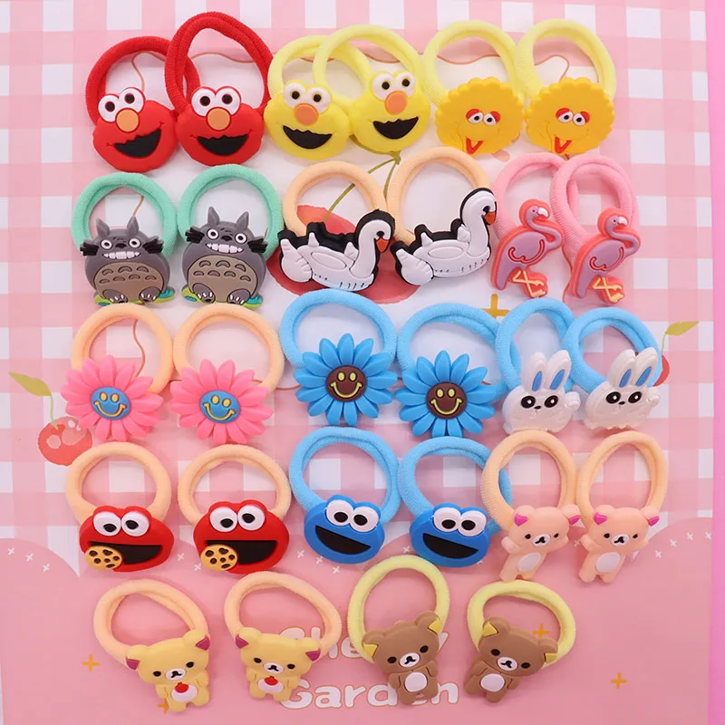 2Pcs/Set Cute Cartoon Animal Bear Rabbit Goose Flower Hair Ties Children's Elastic Bands For Girl Nylon Headband Scrunchies