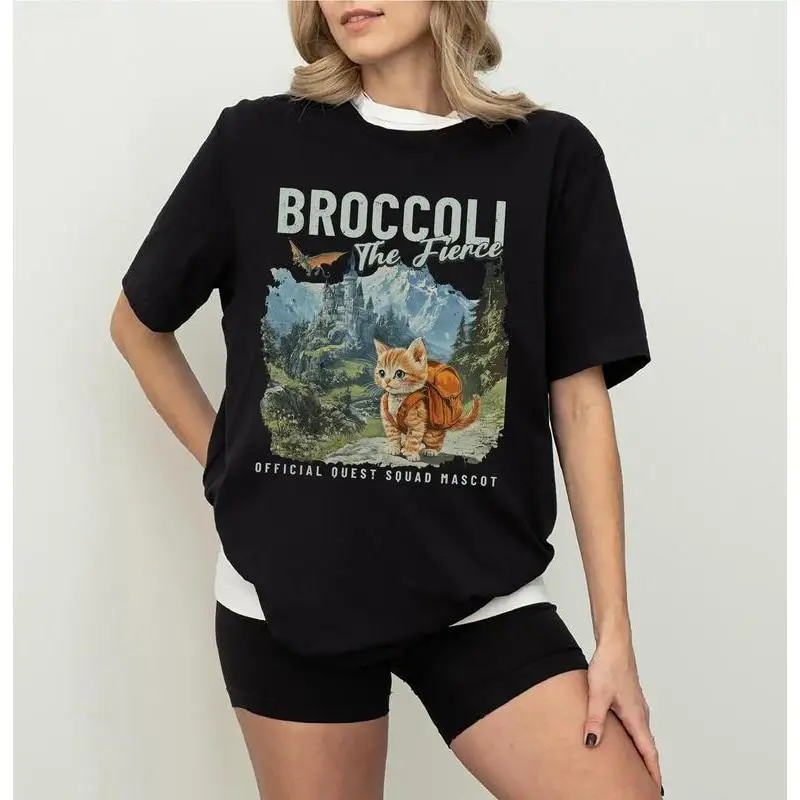 

Vintage "Broccoli the Fierce" T-Shirt Oversized Funny Cat Graphic Tee Adventure Quest Sarcastic Pet Lover Gift