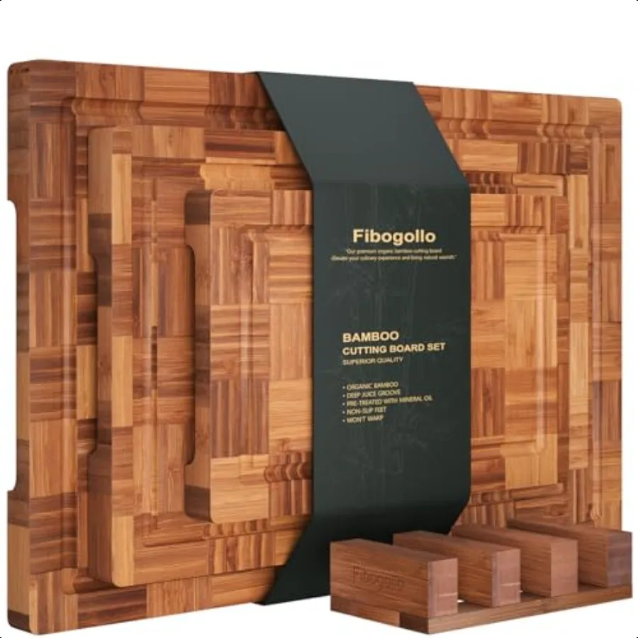 

Bamboo Cutting Boards for KitchenChopping Boards Set with Juice Groove End Grain Bamboo Butcher Block Serving Board with Holder