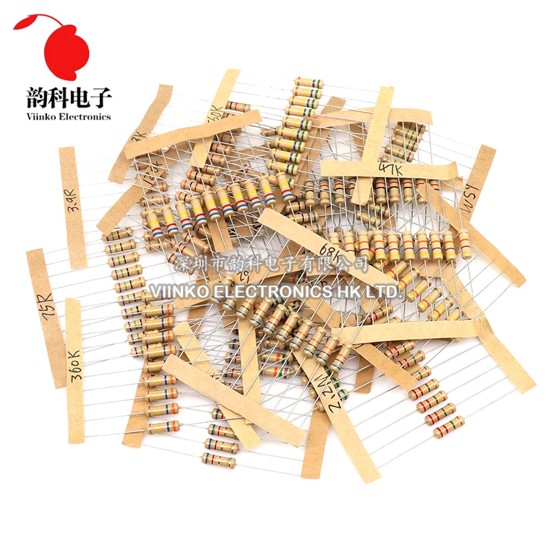 1220 buah 1W Kit Resistor Film karbon 5% Set bermacam-macam resistansi 0, 33R - 2.2M ohm paket sampel