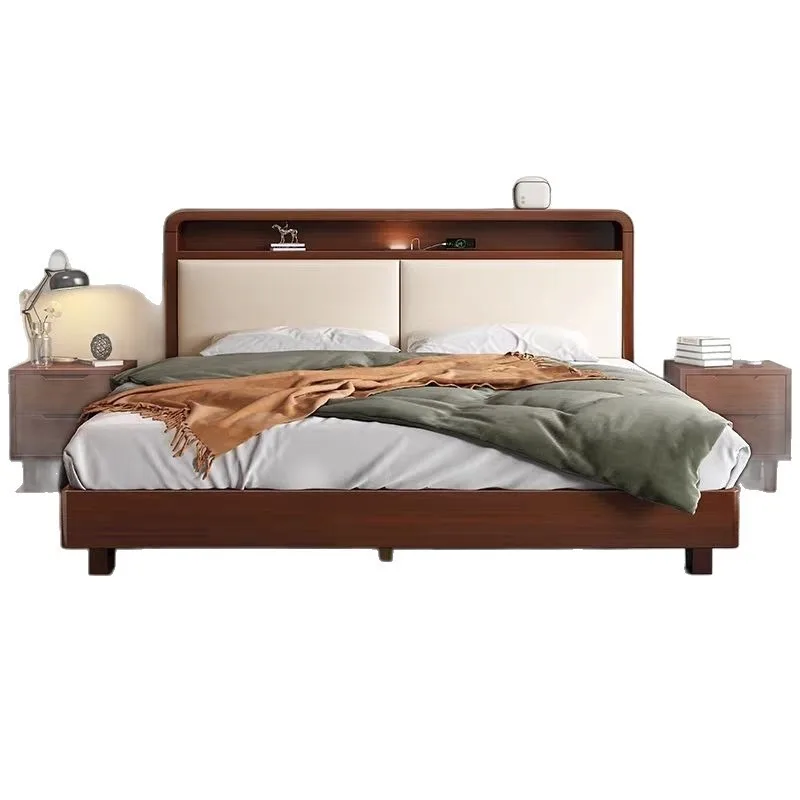 New Chinese style with lamp storage soft bag all solid wood double bed, multi-functional storage bedside silent storage box
