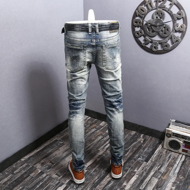 Newly Designer Fashion Men Jeans Retro Washed Blue Elastic Stretch Slim Fit Ripped Jeans Men Patched Vintage Denim Pants Hombre