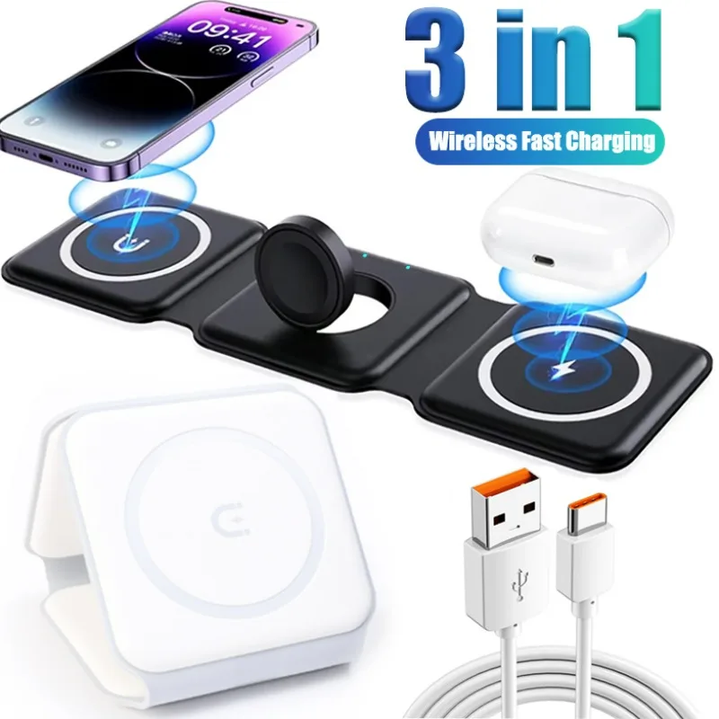 3 IN 1 Wireless Magnetic Mobile Phone Charger Macsafe Foldable for Pad IWatch IPhone Airpods Fast Wireless Charging Dock Charger