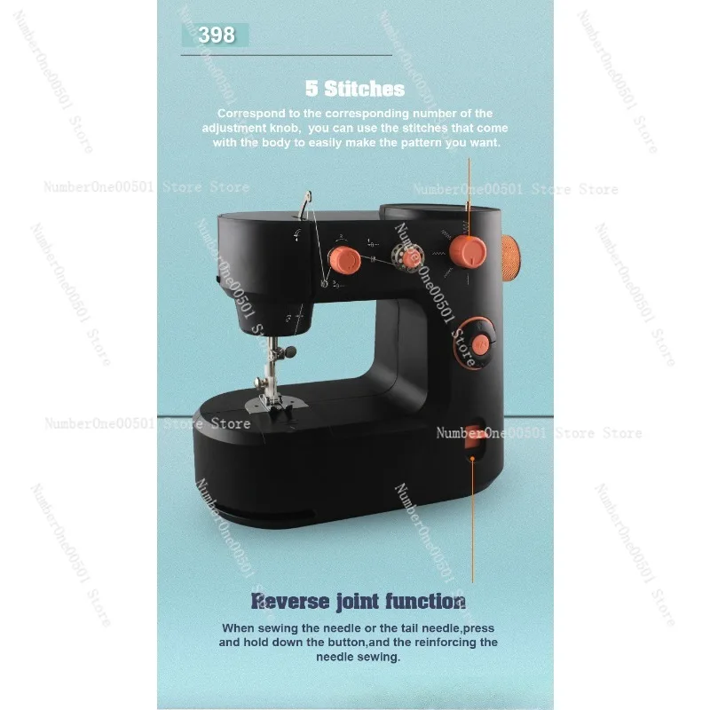 FHSM-398 Multifunctional 5-thread Mini Portable Edge Locking Home Sewing Machine 265/130/225mm