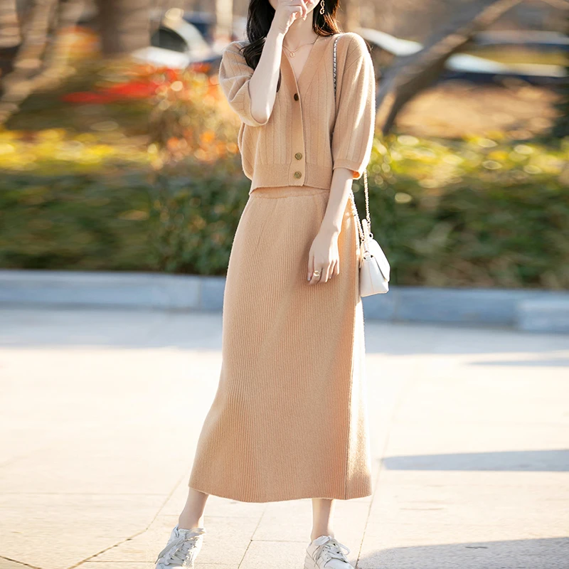 

Basic Fashion 100% Merino Wool V-Neck Buttoned Suit Dress Women Clothing Comfort suit Casual Solid