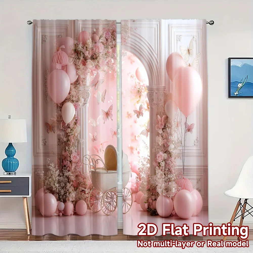 2pcs, 2D FLAT PRINTING Curtains (Without Rod) Blush Bliss Popular Popular Curtain Durable Polyester Curtains Art Deco Festive