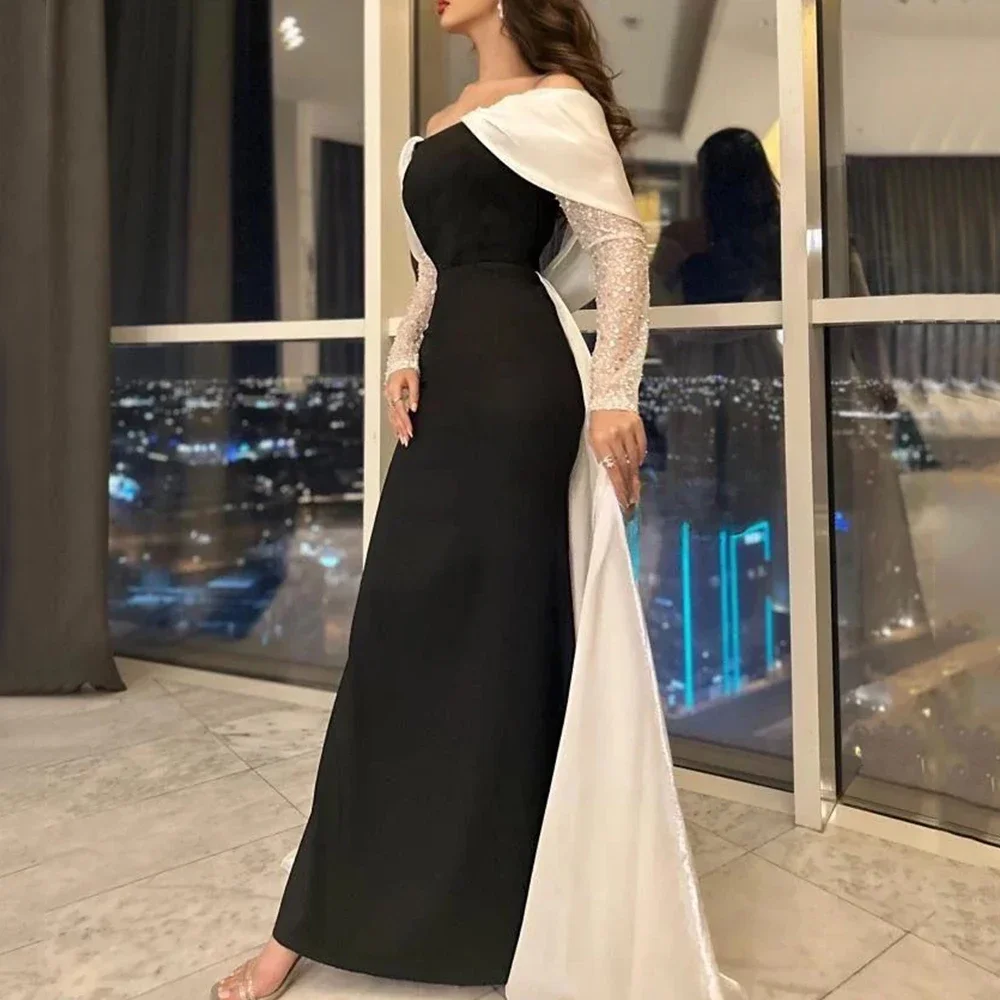 Flechazo Fashion Straight Evening Dress Off the Shoulder Sequin Long Sleeves with Sweep Train Women Customized فساتين سهره