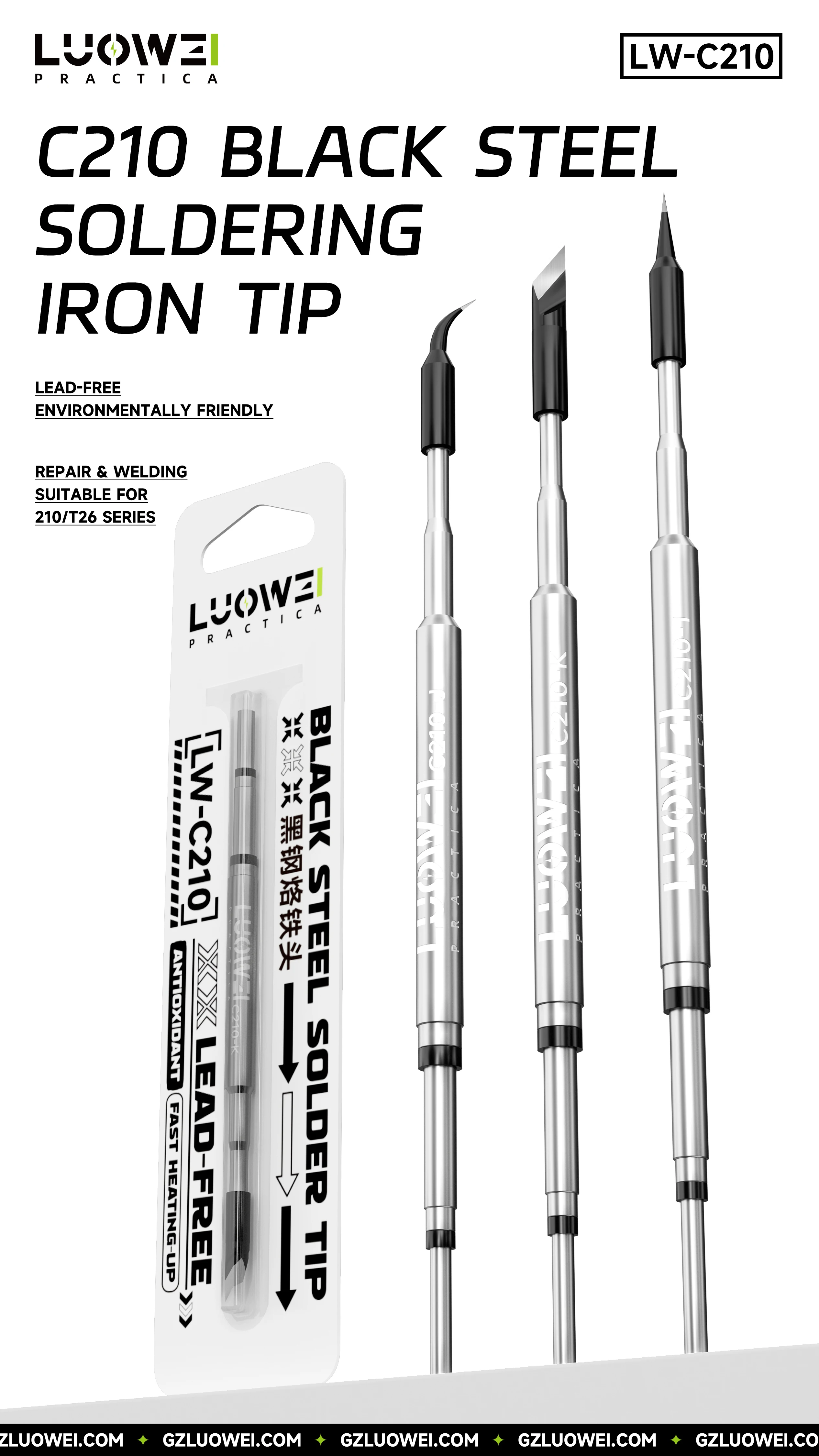 LUOWEI C210 Black Steel Soldering Iron Tip, Lead-Free and Environmentally Friendly, Suitable for 210/T26 Series Soldering Irons