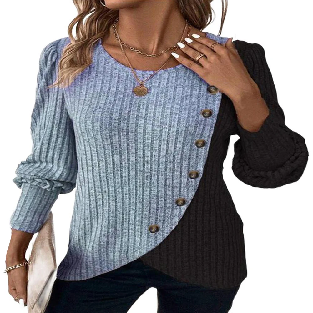 Long Sleeve Buttoned Women Sweaters with Contrast Stripes O Neck Pullover Knitted Tops for Casual and Professional Occasions