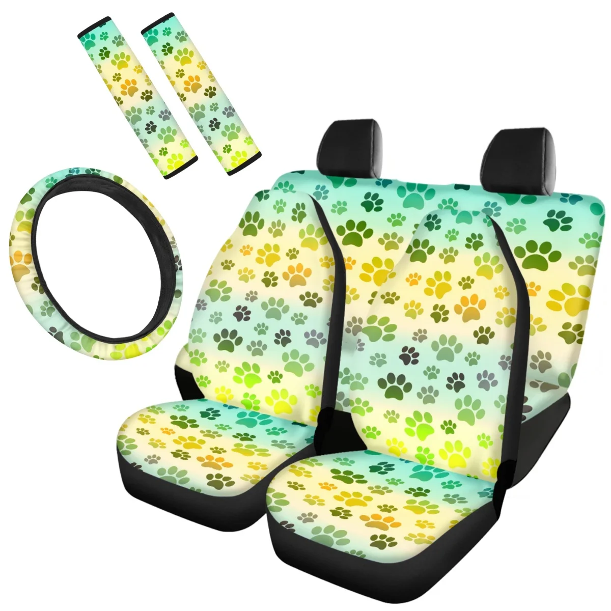 Car Front Rear Seat Covers Seatbelt Steering Wheel Covers Easy to Clean Install Gradient Cat Paw High Quality Fit for Truck Van