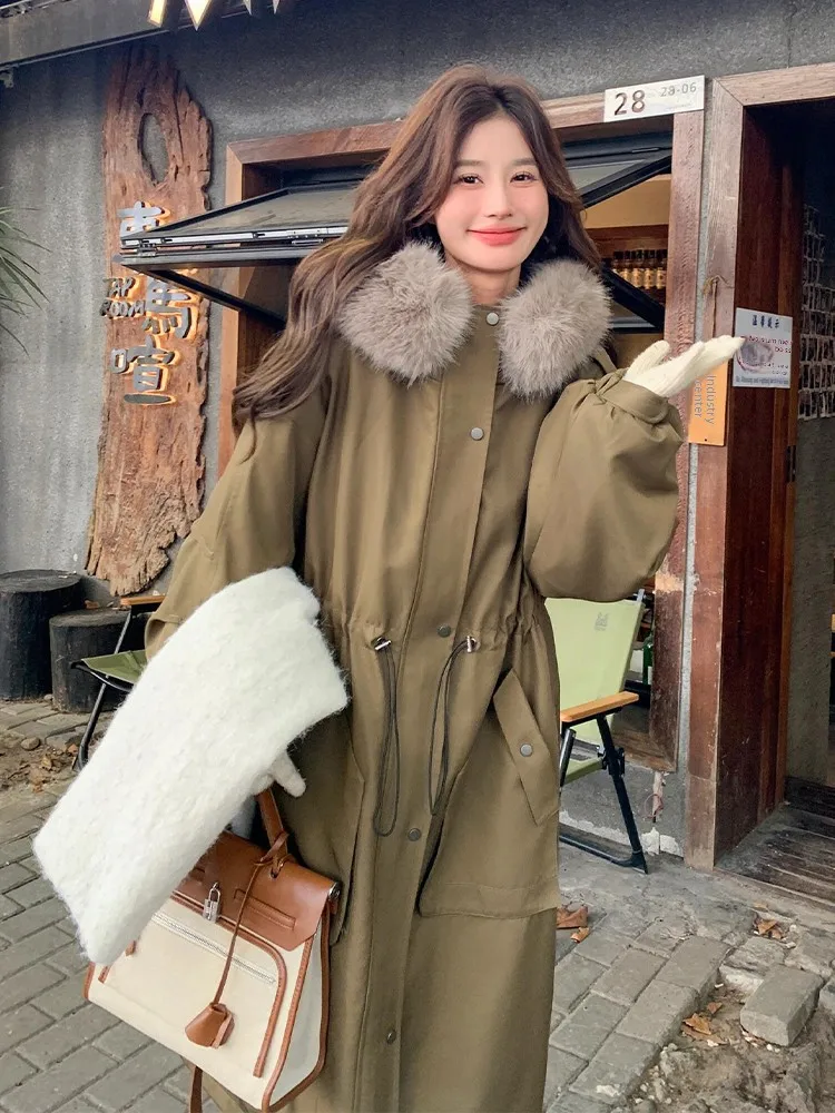 

Unique Long Plush Winter Coat Khaki Green Women's Jacket Atmosphere Sensation Outerwear Commute Style Korean Version Thickened