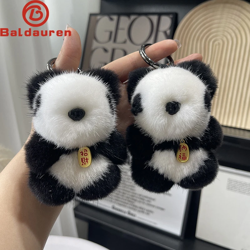 Cute Real Mink Fur Keychain Plush Panda Pendant Kids Toy Women Bag Charm Trinkets Car Metal Key Rings Rear View Mirror Ornaments