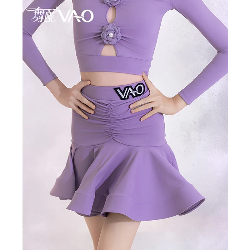 الأرجواني اللاتينية أزياء رقص الفتيات أداء الملابس طويلة الأكمام بلوزات قصيرة هيكل السمكة تنورة تشا تشا ممارسة الرقص ارتداء BL17287