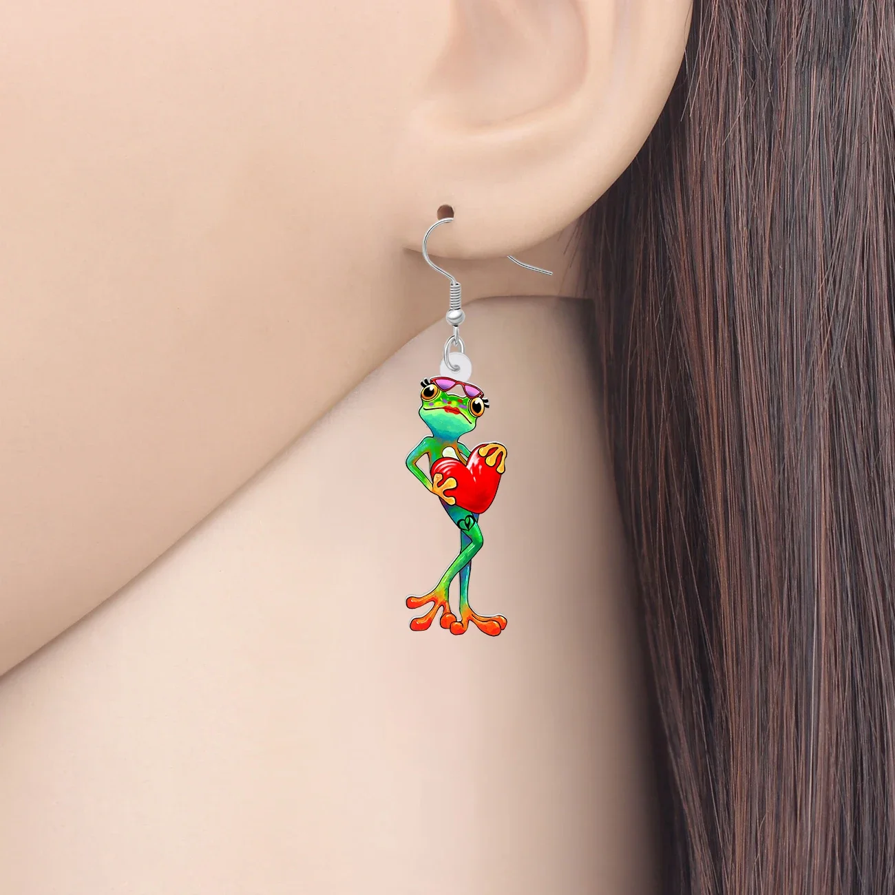 WEVENI Drop Dangle Acrylic Cartoon Funny Green Frog Heart Earrings Wild Animals Charm Jewelry Gifts for Women Girls Kids