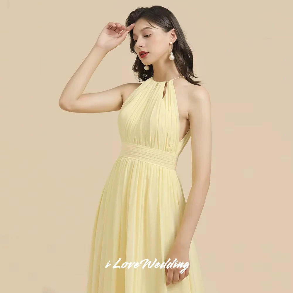 Yellow Halter Bridesmaid Dresses 2025 Chiffon Sleeveless Pleated Side Split A-Line Floor-Length Wedding Guest Dresses Customized