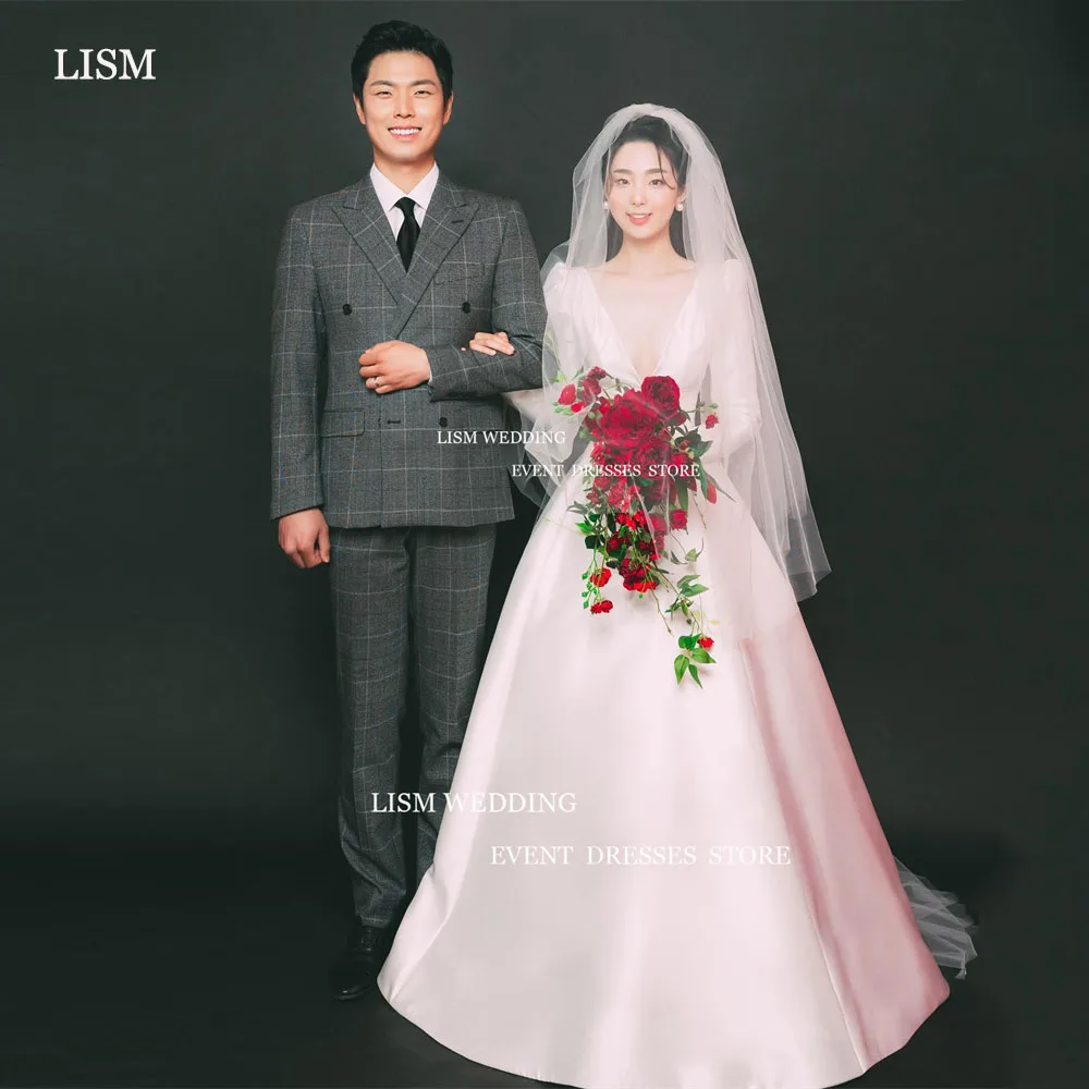 

LISM Simple Satin A-Line Korea Wedding Dresses Photo Shoot Long Sleeves Deep V-Neck Split Bridal Dress Floor Length Custom