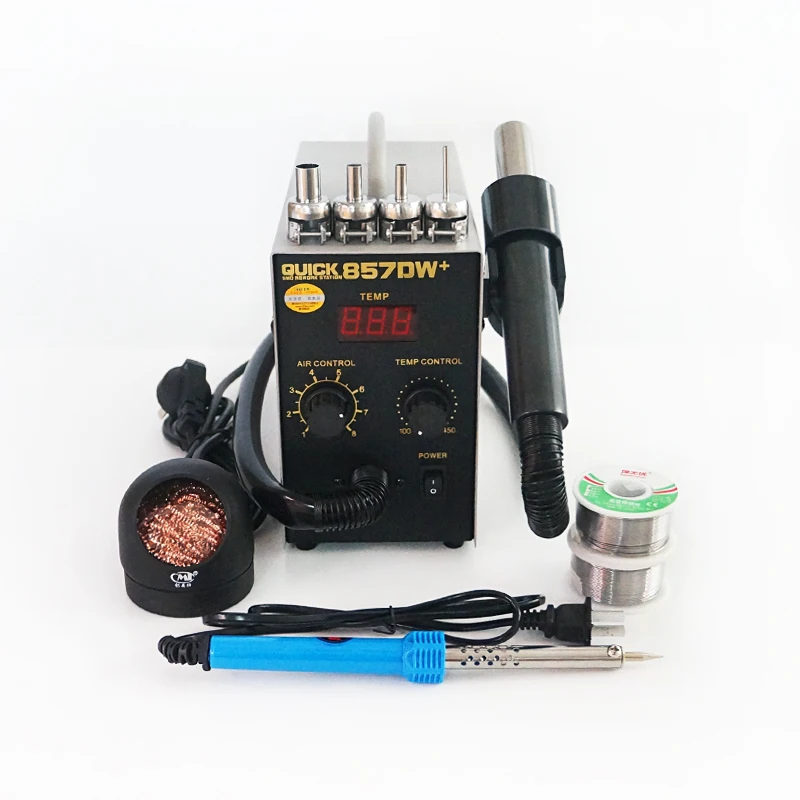 QUICK 857DW+ Soldering Station SMD SMT Electric Hot Air Gun Soldering Iron With 0.5-0.6mm Solder Wire ESD Tweezer Solder Tools