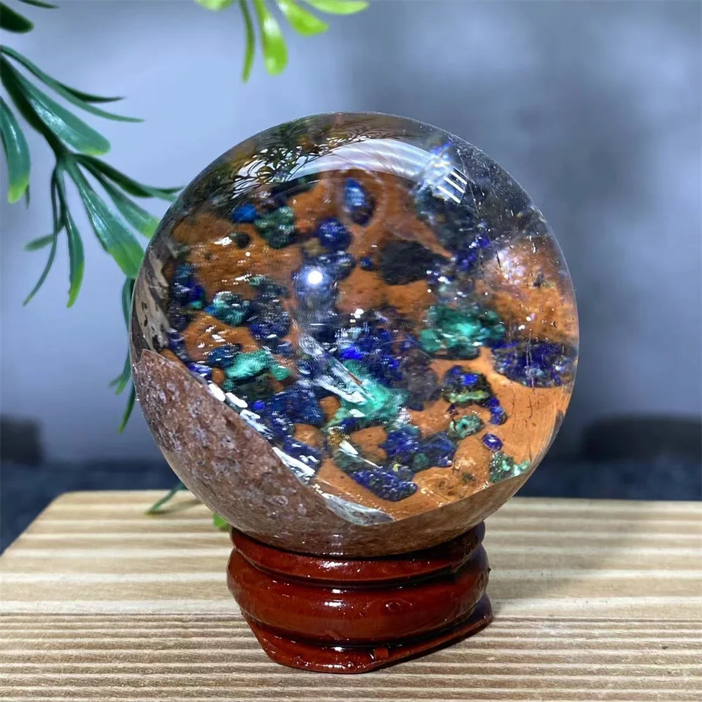 Azurite Quartz Ball Natural Stone Chalcopyrit Sphere Crystal Healing Room Decoration Holiday  Meditation Reiki Witchcraft+Stand - view 6