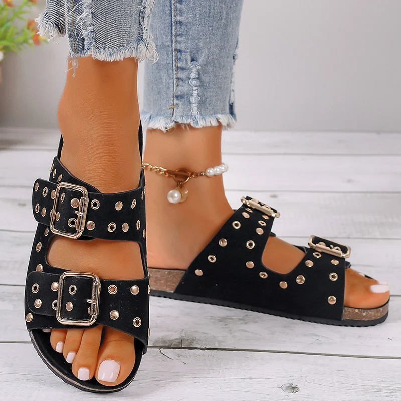 Double Buckle Strap Flat Heel Platform Slippers Fashion Women\'s Rivet Slides Summer Comfortable Plus Size 43 Slippers