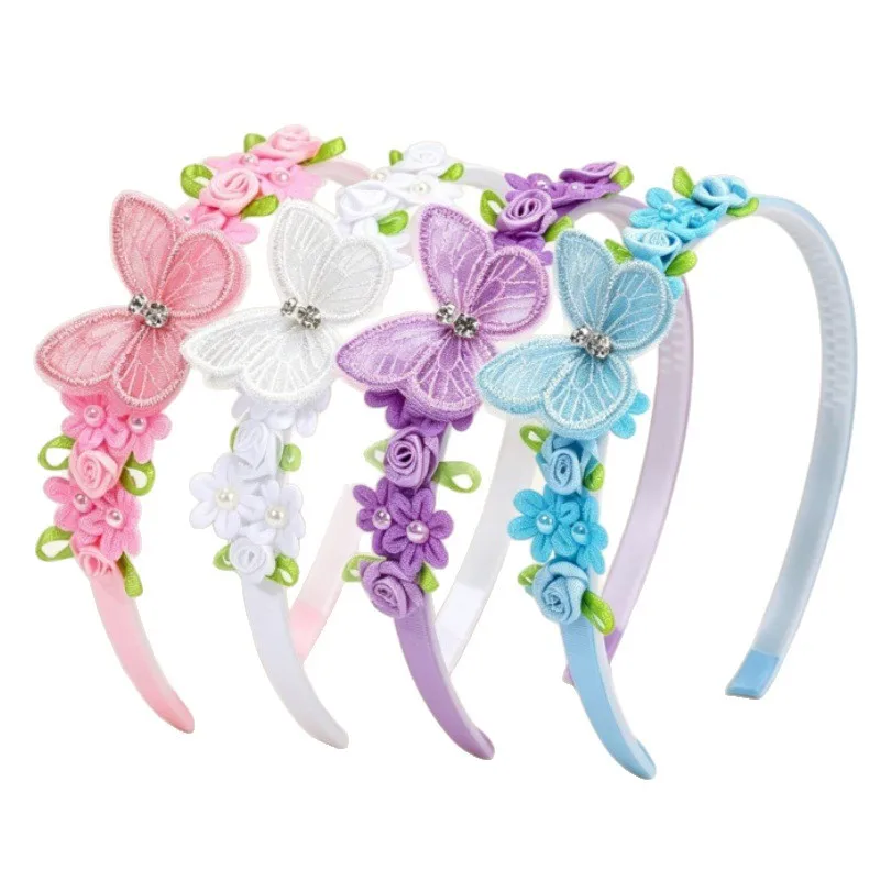 Imitation Pearl Butterfly Floral Headband for Girls Pink Blue Kids Princess Hair Hoop Birthday Party Children Hair Accessories