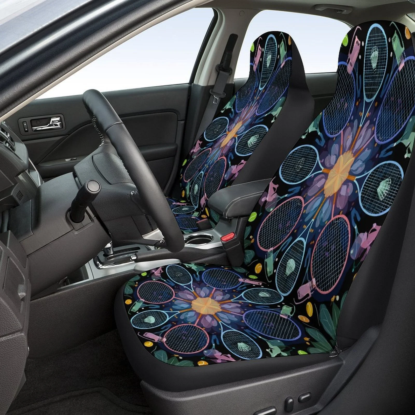 Tennis Rackets Mandala Themed Car Seat Cover Set For Most Cars, Trendy Novelty Car Seat Protector Covers Full Set, Car Seat Cov