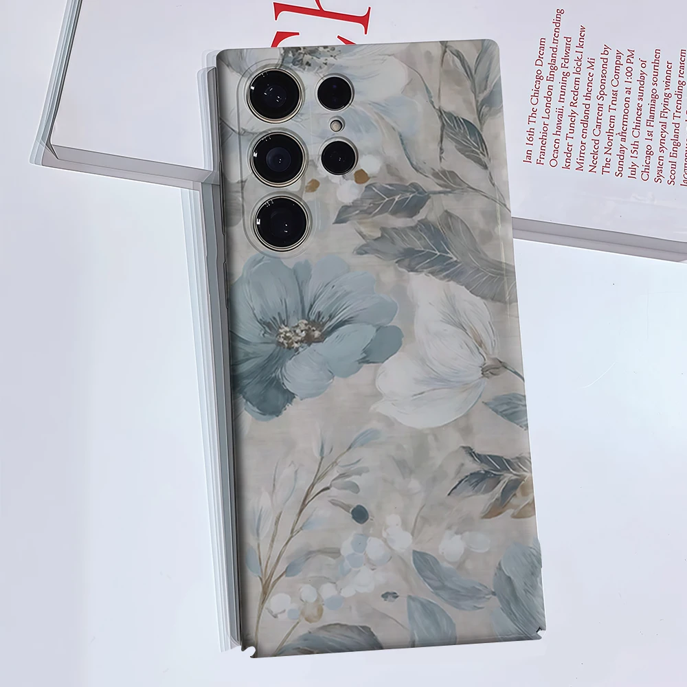 Blue-Grey Watercolor Floral Phone Case for Samsung Galaxy S26 S25 Ultra S24 S23 Ultra Plus Glossy Double-layer Back Cover