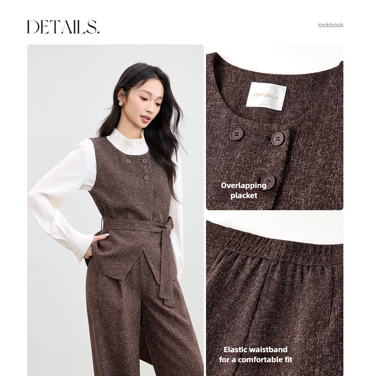 أطقم بناطيل تويد نسائية من SENTUBILA سترة برقبة دائرية وخصر مطاطي وبنطلون مستقيم الساق لخريف 2025 طقم مكون من قطعتين 153ZA2726