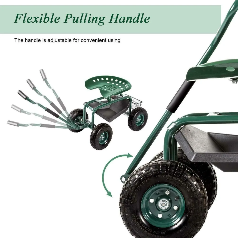 Garden Rolling Scooter with Extendable Handle, Work Seat, Wagon Stool, Swivel Seat, Utility Basket, Gardening Planting