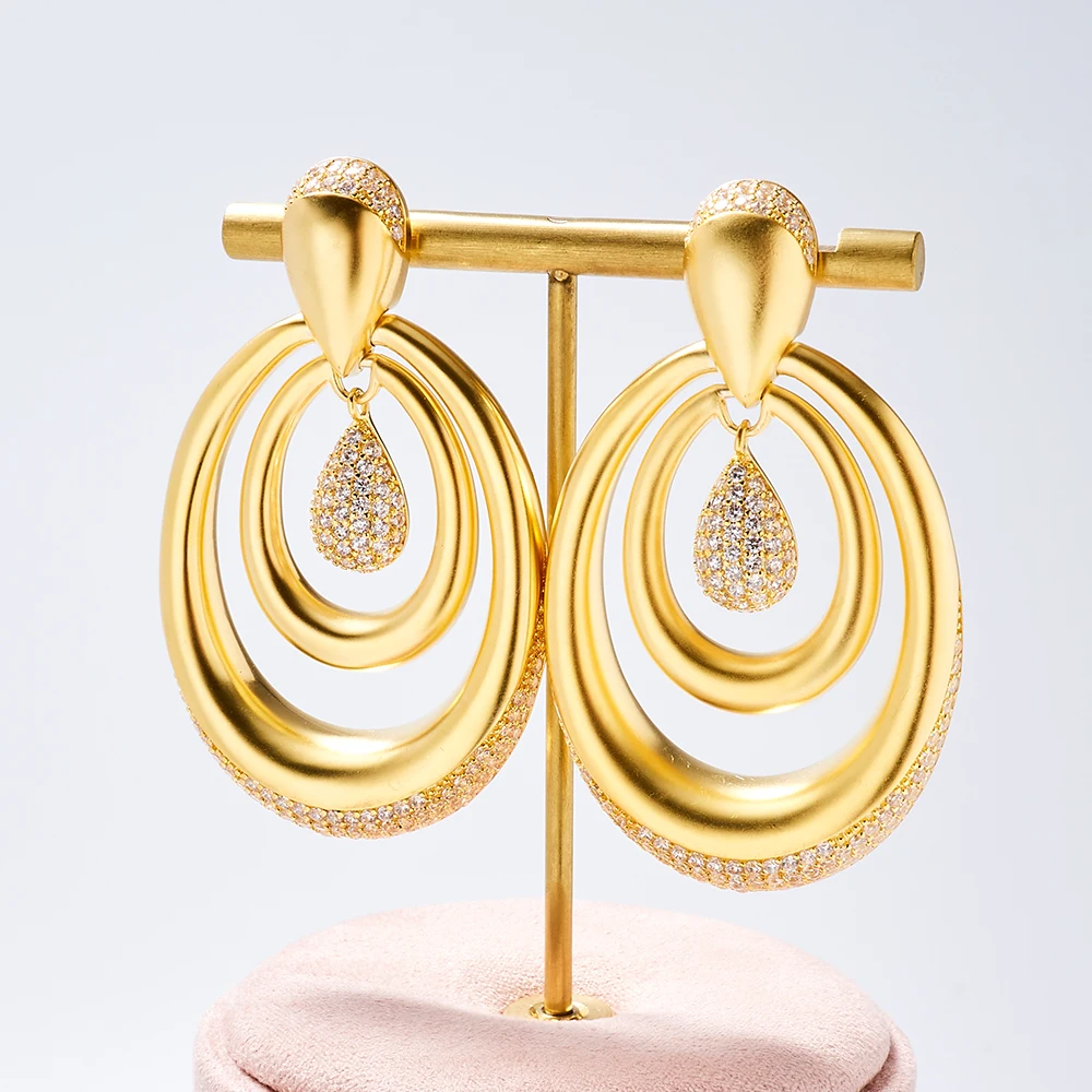 Tirim Trandy Women Earrings SatinFinish Earrings Layer Ellipse Drop Earrings Cubic Zirconia Woman Party Anniversary Jewelry